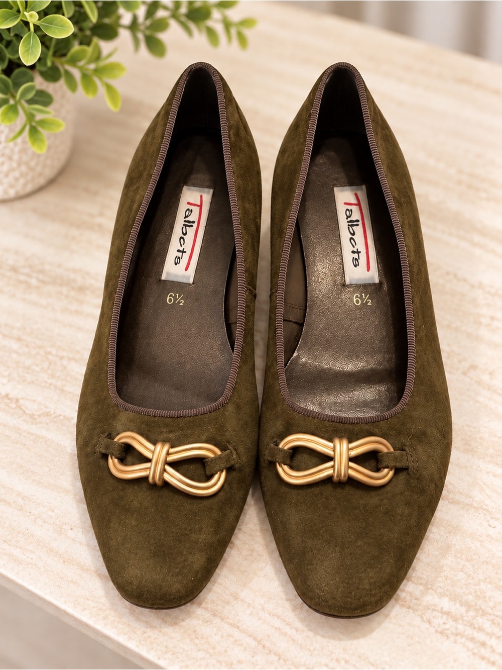 Vintage 90s Talbots Olive Green Suede Gold Hardware Flats Made in Spain
